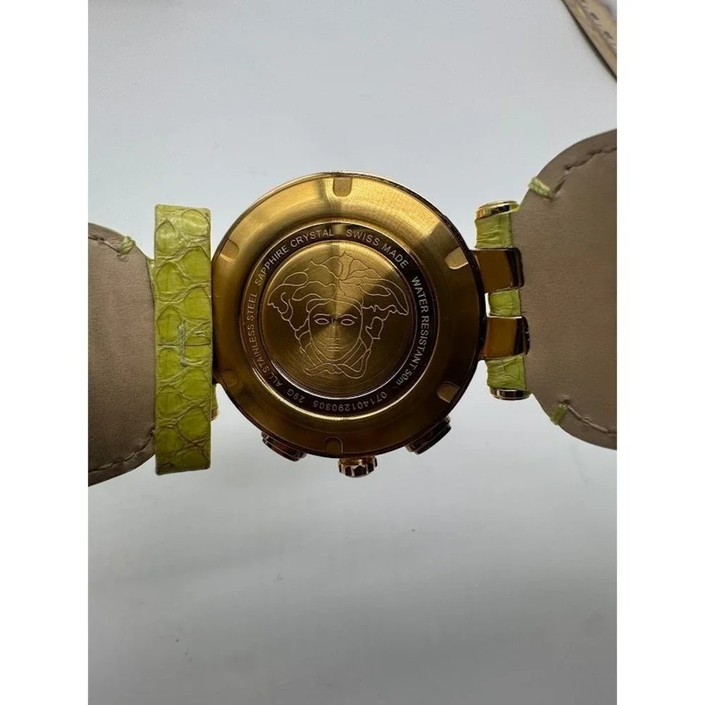 Versace GMT & Alarm Gold Tone Watch Lime Green Leather Strap Medusa Swiss Made